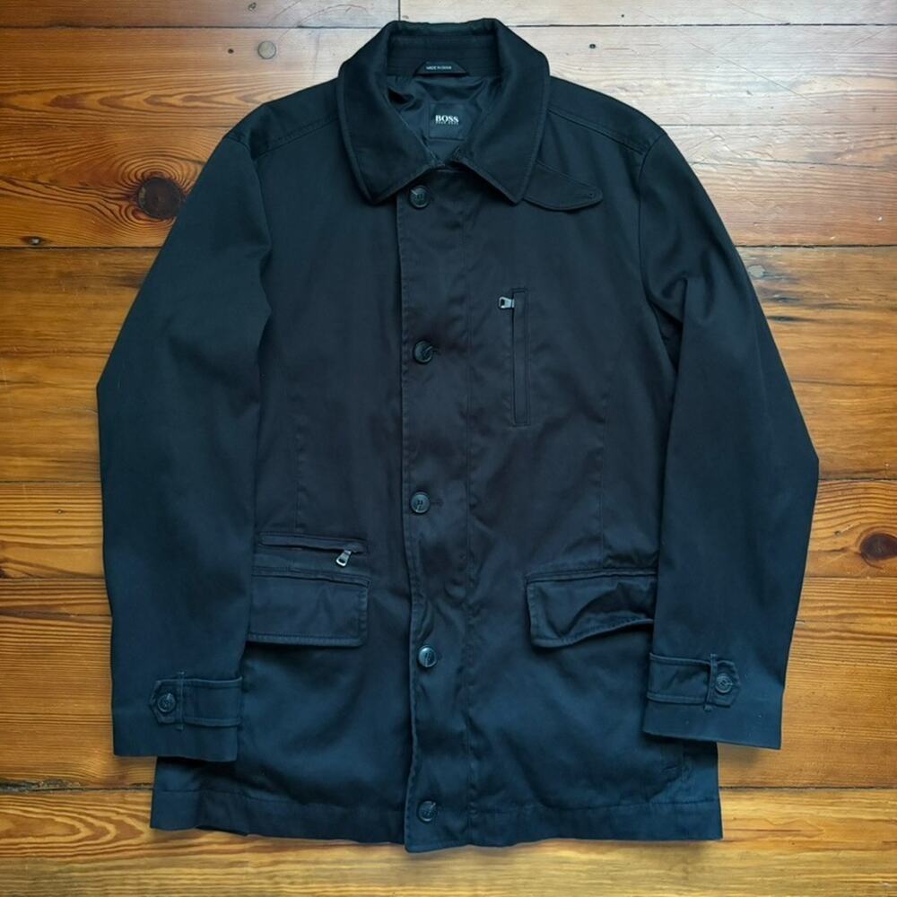 Hugo Boss Candon Overcoat Men's Size 44R Black Cotton Excellent Condition